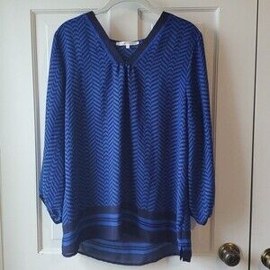 VIOLET & CLAIRE CHEVRON ZIG ZAG TUNIC LONG TOP ROYAL NAVY BLUE SIZE LARGE V-NECK